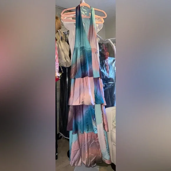 Hutch Ombre Halter High-Low Tiered Dress - Blue & Pink - Picture 4 of 6